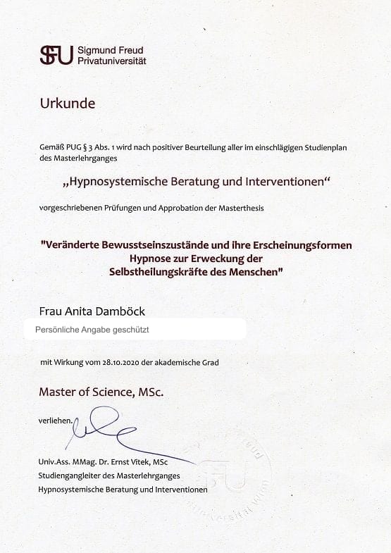 Urkunde Master of Science Hypnosystemische Beratung und Interventionen