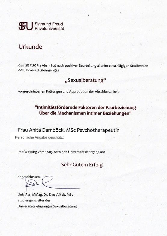 Urkunde des Universitätslehrgangs Sexualberatung