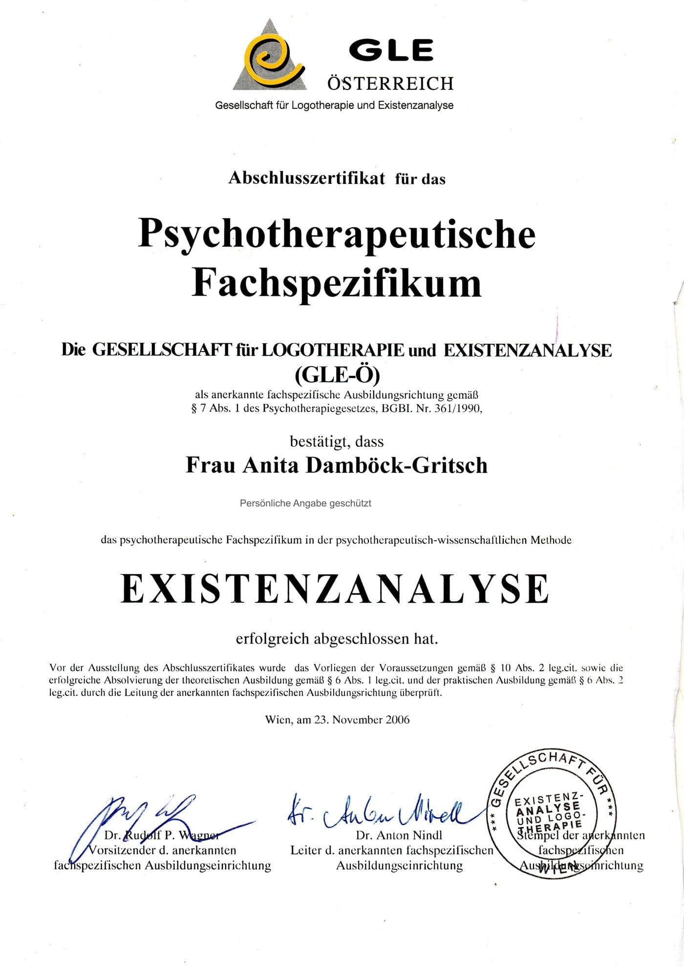 Abschlusszertifikat Psychotherapeutisches Fachspezifikum Existenzanalyse