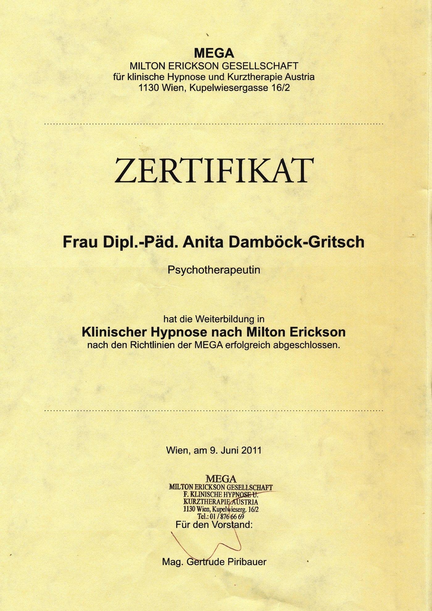 Zertifikat über die Weiterbildung in klinischer Hypnose